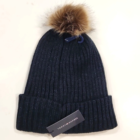 NWT Tommy Hilfiger Metallic Knit Faux Fur Pom-Pom Beanie Hat One Size MSRP $48 - Picture 4 of 7